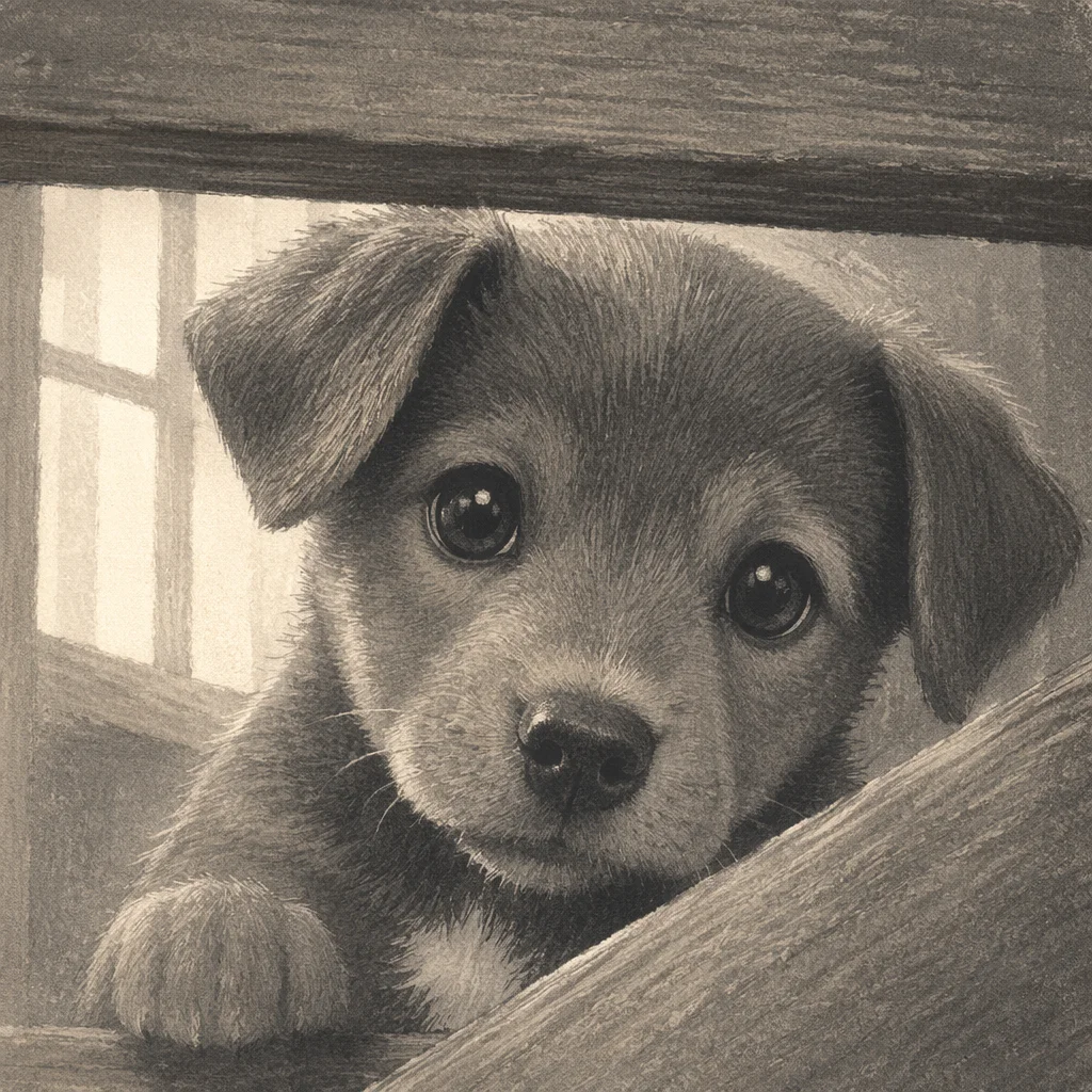 Tender Puppy Portrait Through Wooden Railing