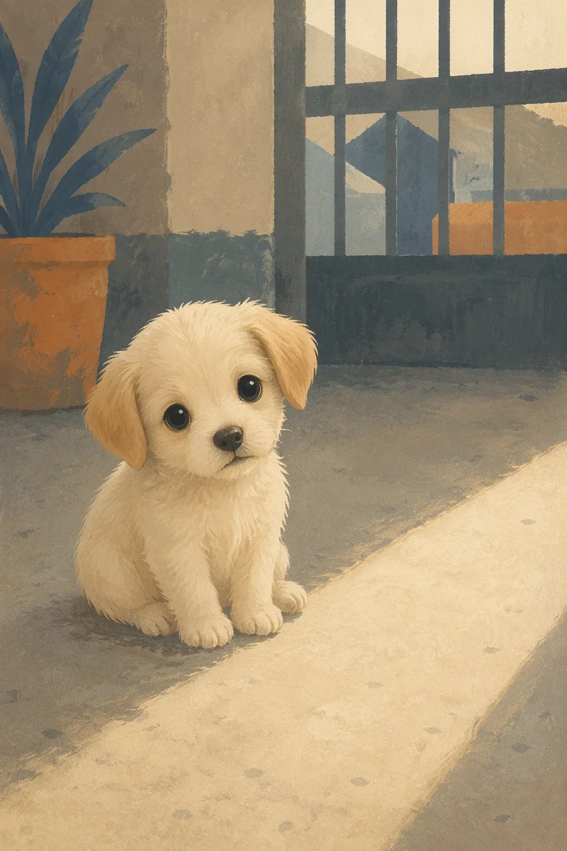 Tiny Cream Puppy with Shy Eyes