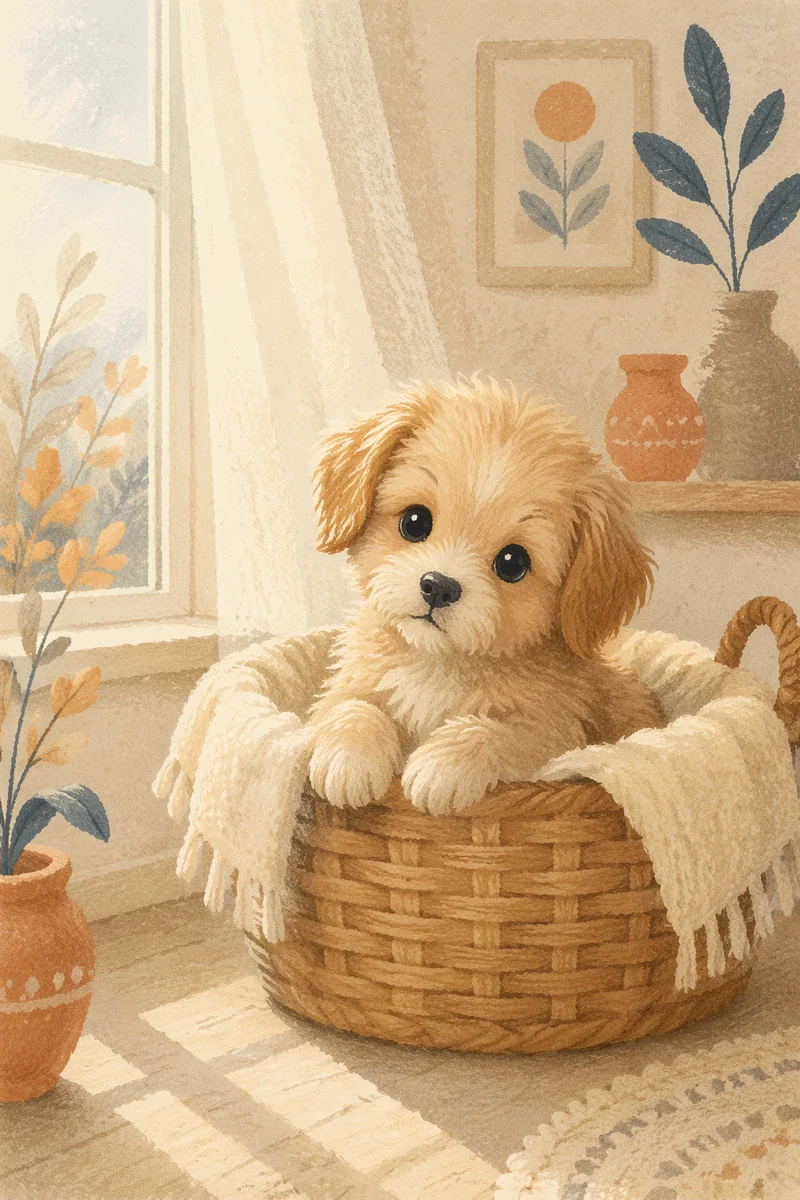 Adorable Fluffy Puppy by Sunlit Window