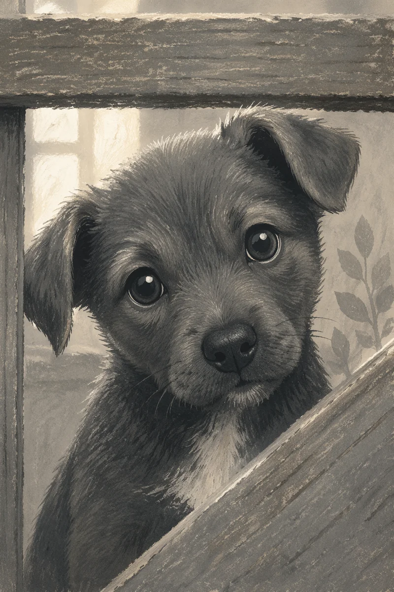 Tender Monochrome Puppy Behind Wooden Railing