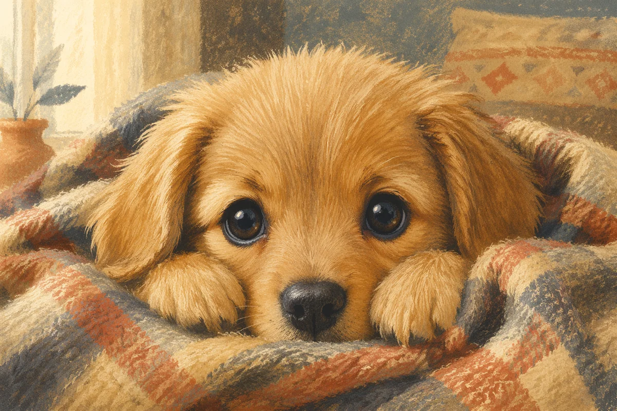 Cute Golden Puppy in Cozy Plaid Blanket