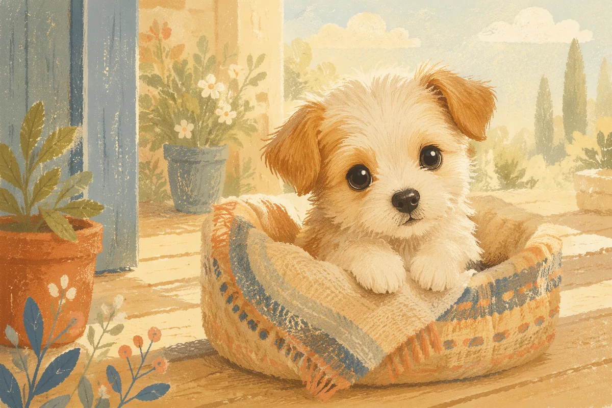 Adorable Fluffy Puppy on Sunlit Porch