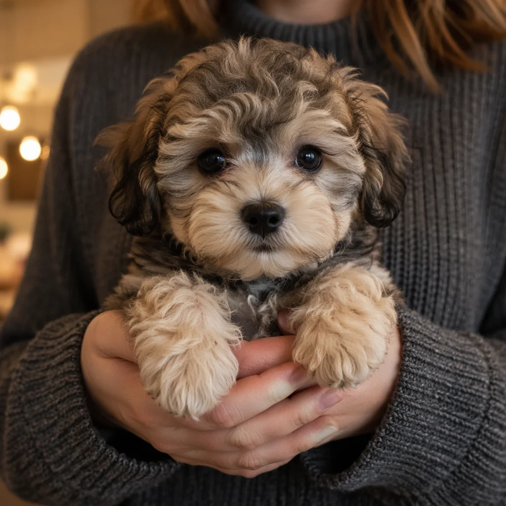 Tiny Fluffy Puppy Held in Gentle Hands