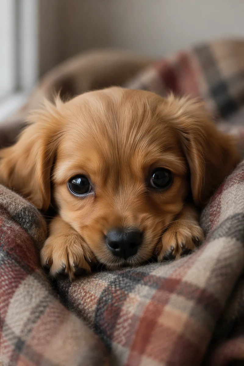 Cute Golden Puppy in Cozy Plaid Blanket