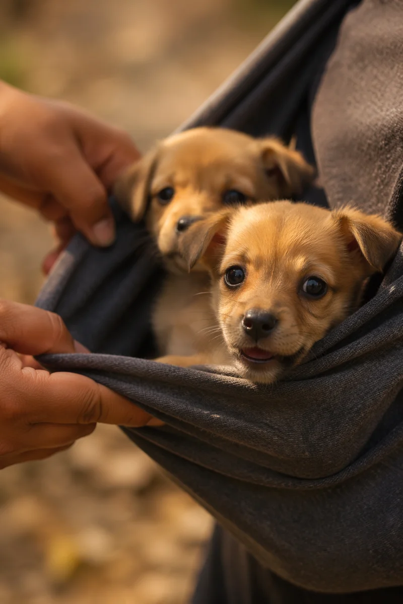 Adorable Puppies in Cozy Gray Pouch