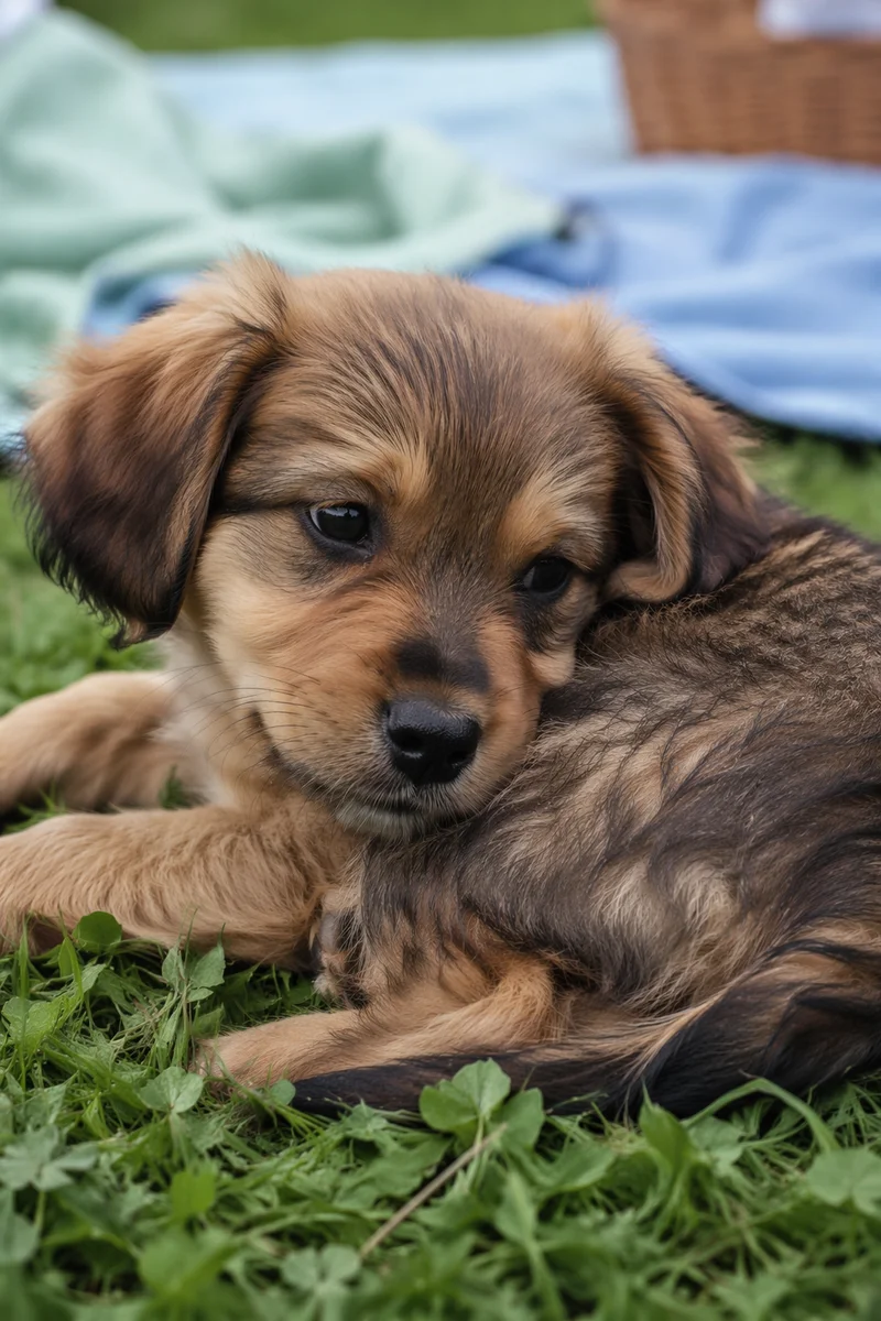 Sleepy Puppy Resting in Picnic Grass