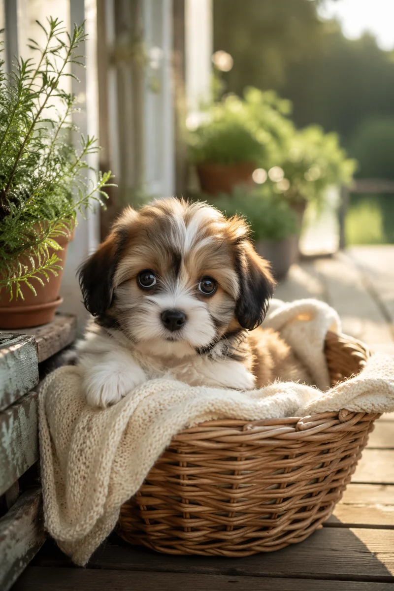 Adorable Puppy in Sunlit Farmhouse Basket