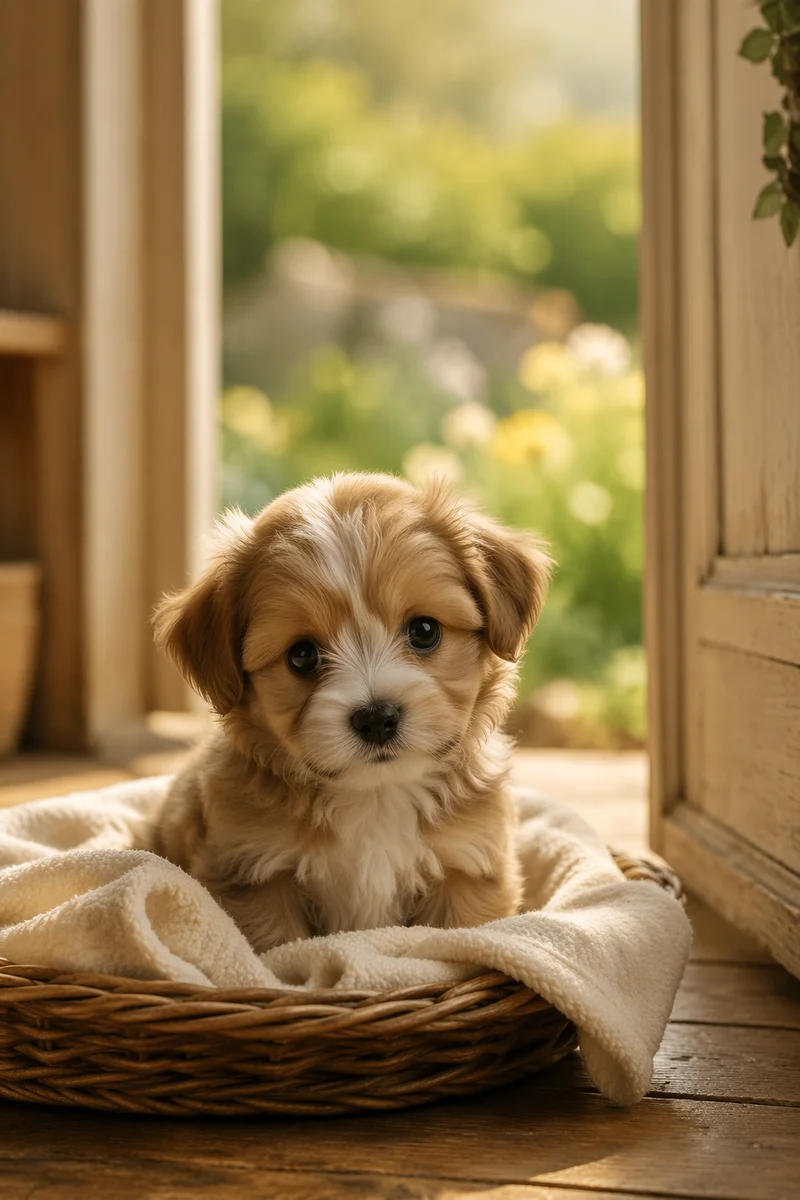 Adorable Puppy in Basket by Cottage Doorway