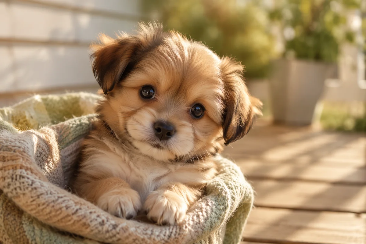 Adorable Fluffy Puppy on Sunlit Porch