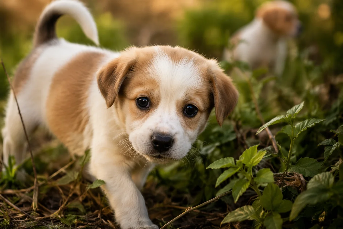 Adorable Puppy in Wild Grass Close-Up