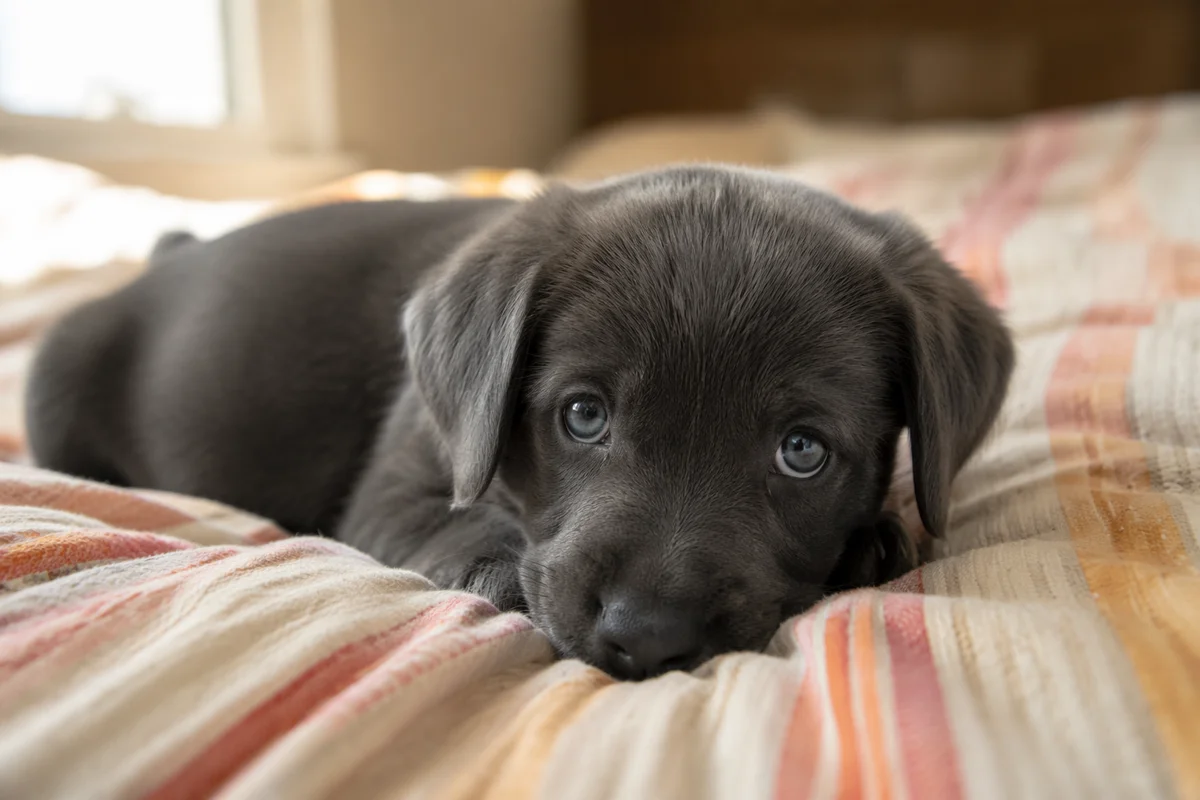 Adorable Charcoal Puppy on Cozy Striped Bedspread