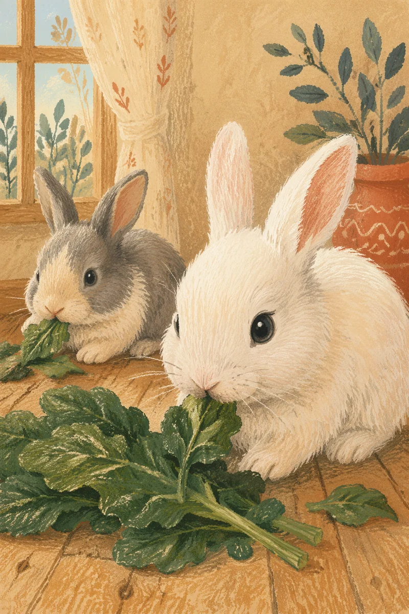 Cute White Bunny Eating Leafy Greens