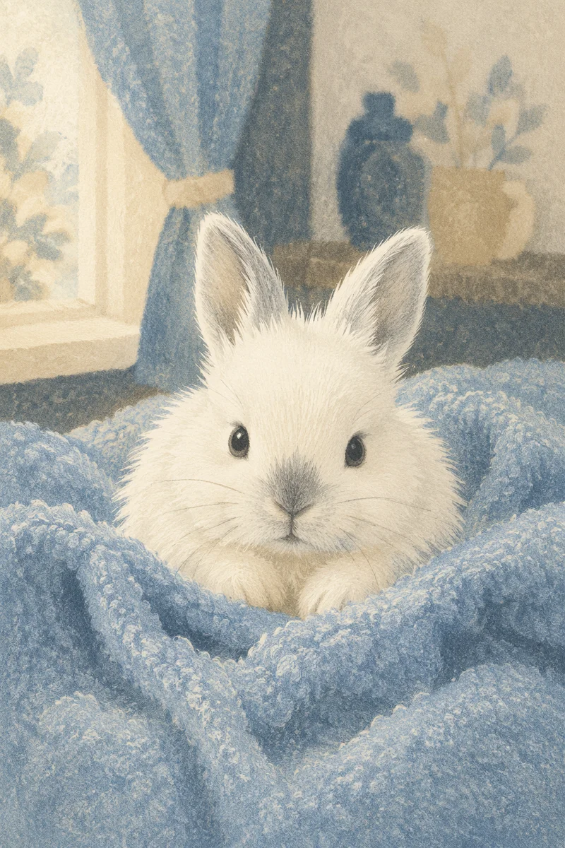 Fluffy White Bunny on Blue Blanket