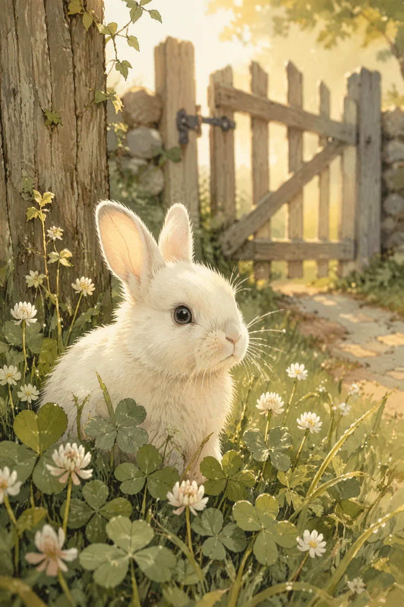 Fluffy White Rabbit in Spring Clover
