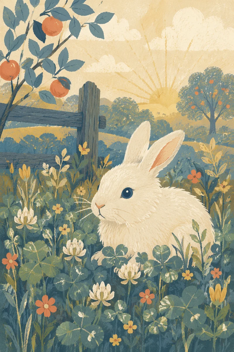 Fluffy White Rabbit in Morning Clover