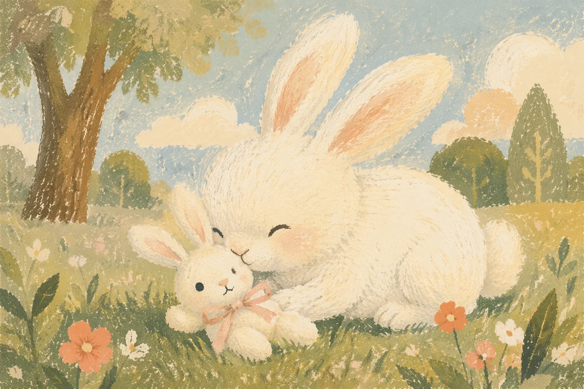 Fluffy White Rabbit Nuzzling Bunny Plush in Spring