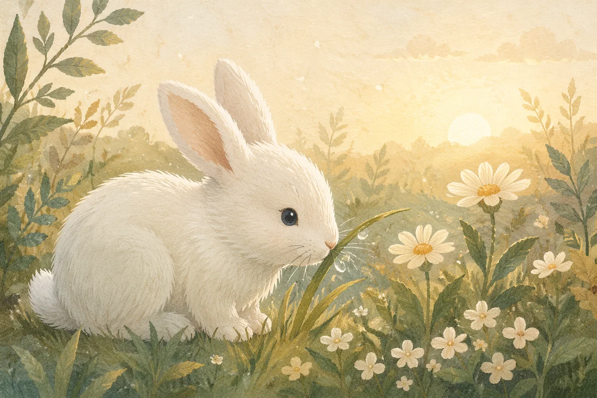 Fluffy White Rabbit in Spring Meadow