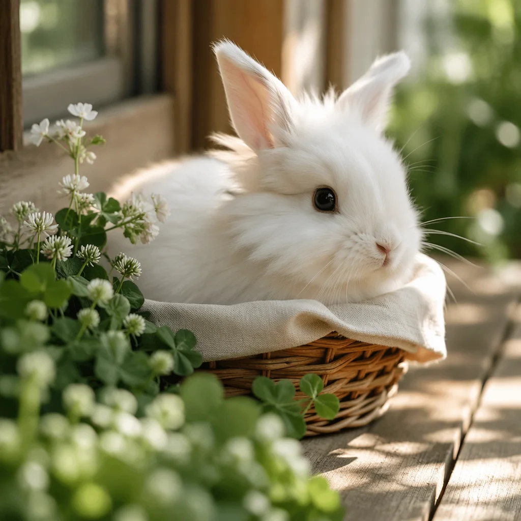 Cute White Bunny in Wicker Basket