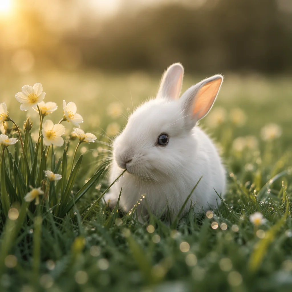 Fluffy White Rabbit in Spring Meadow