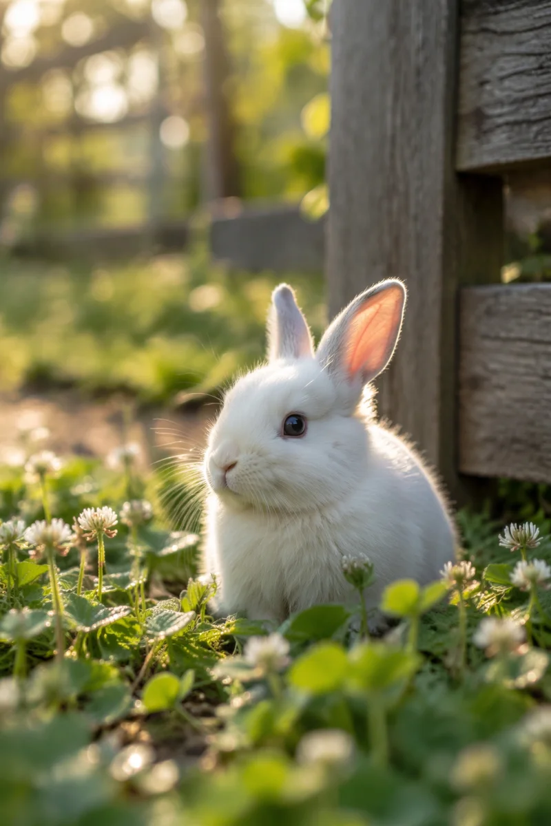 Fluffy White Rabbit in Morning Clover