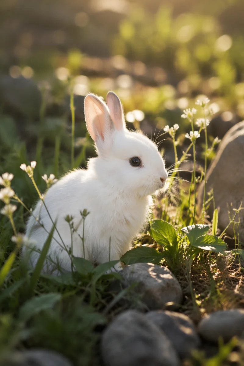 Fluffy White Rabbit in Morning Garden