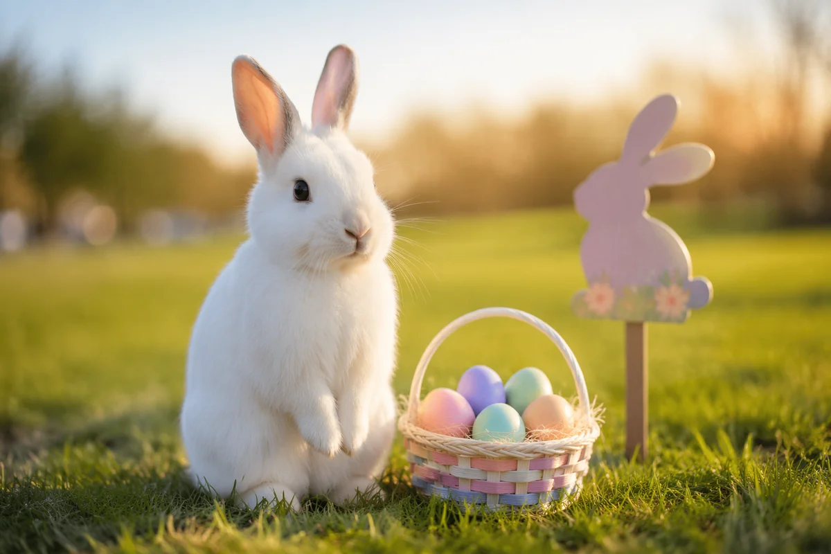 Fluffy White Rabbit in Spring Meadow