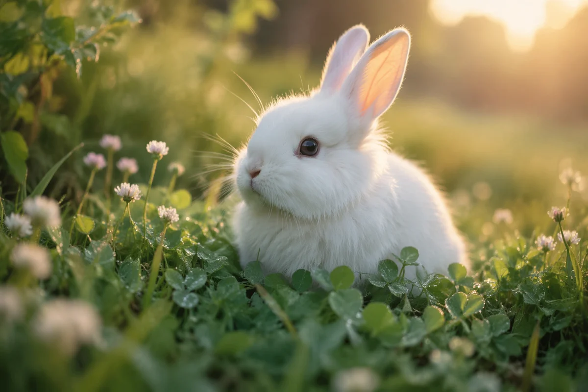 Fluffy White Rabbit in Sunrise Clover