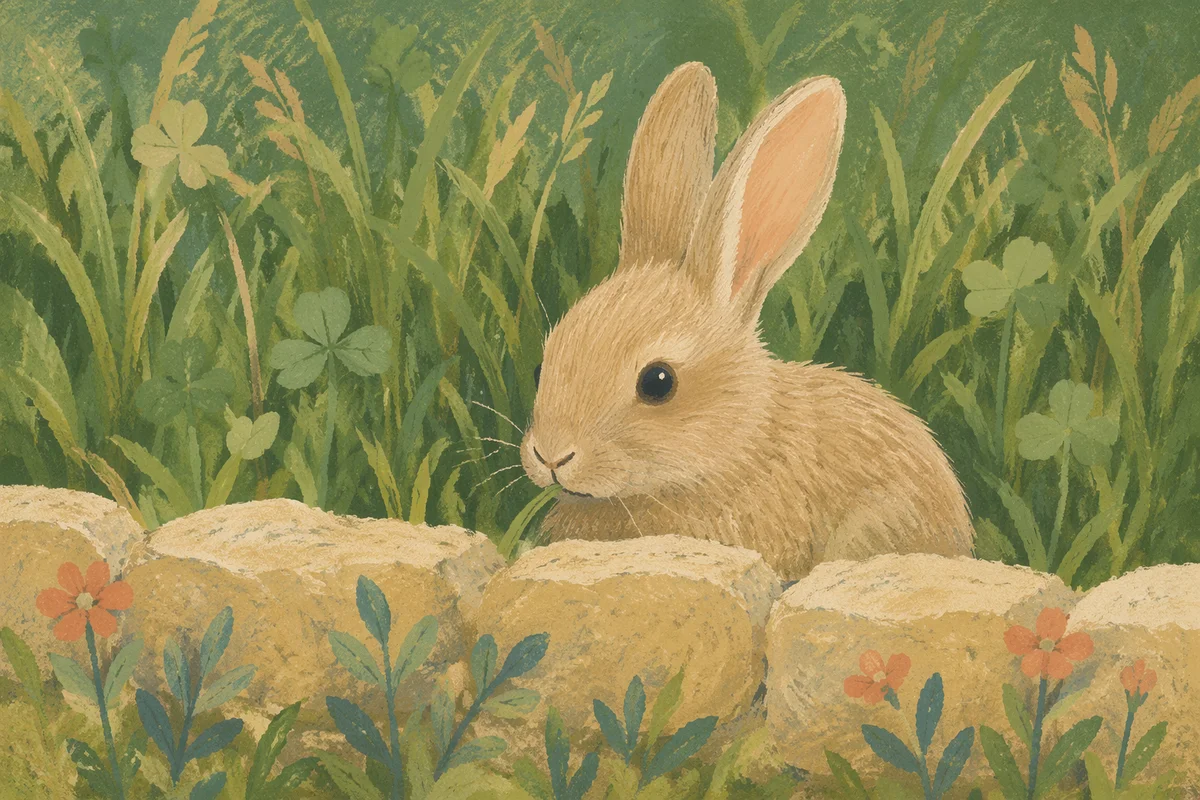 Rabbit Nibbling Grass in Garden Light