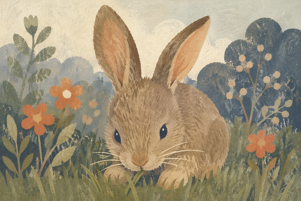 Wild Rabbit Nibbling Grass in Garden