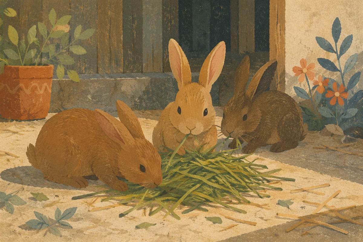 Three Rabbits Eating Grass in Garden