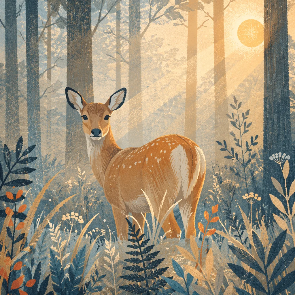Young Deer in Misty Forest Sunrise
