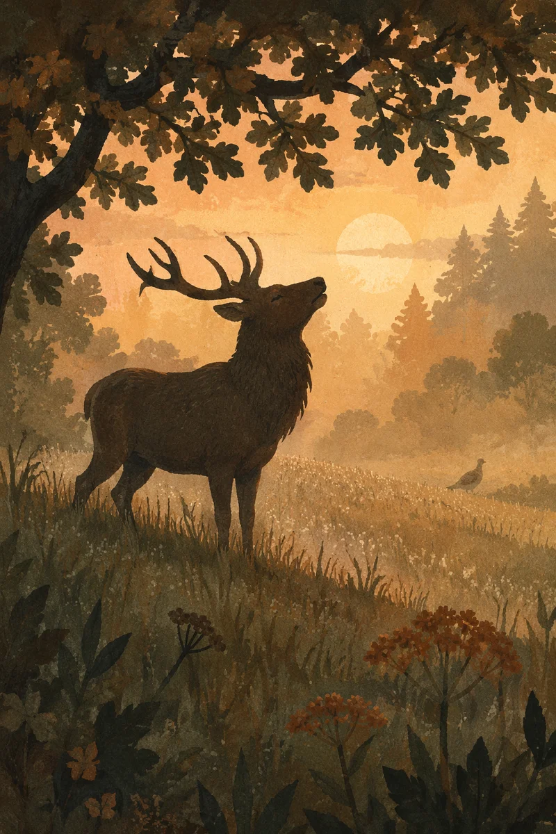 Stag Silhouette in Misty Dawn Forest