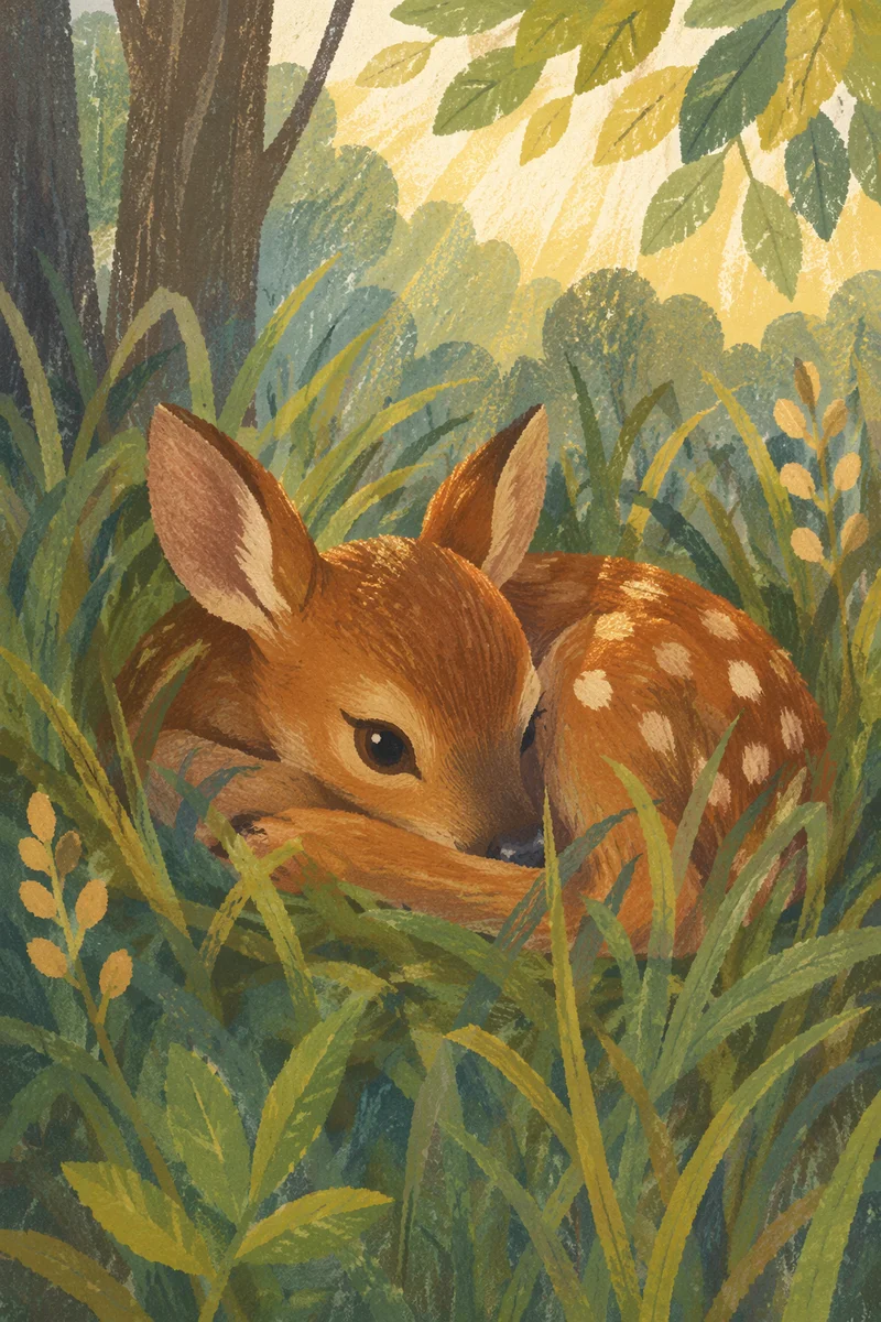 Peaceful Fawn Resting in Morning Forest Grass