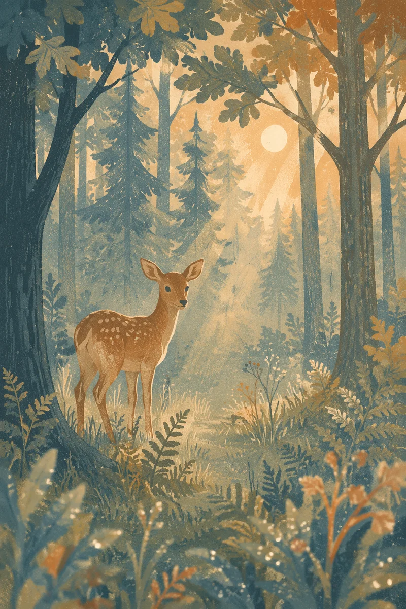 Morning Deer in Misty Forest Clearing