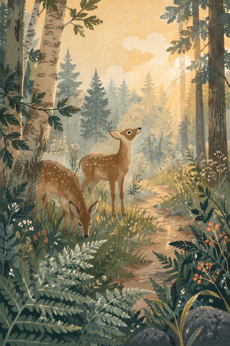 Deer in Misty Morning Forest Clearing