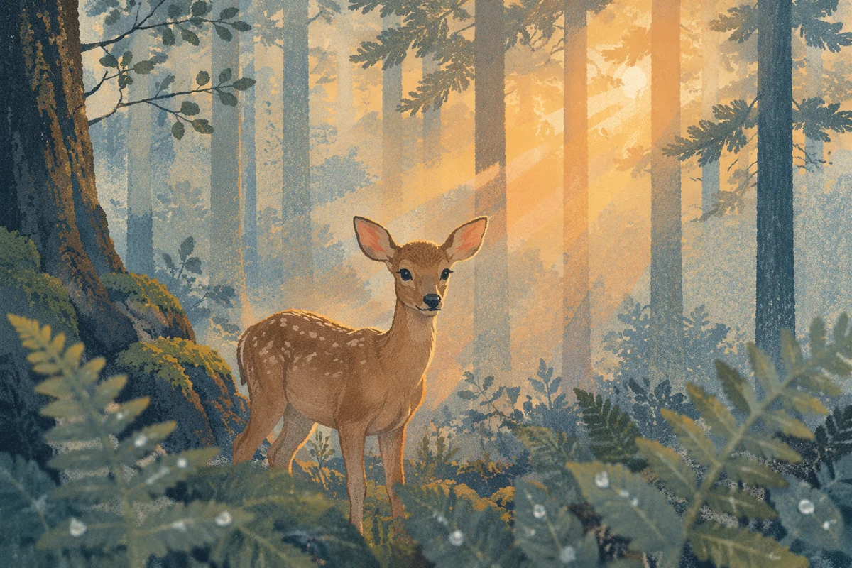 Young Deer in Misty Morning Forest