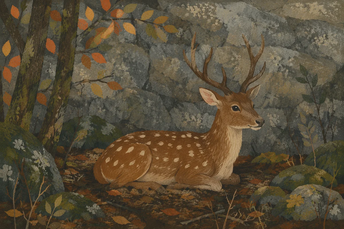 Spotted Deer Resting in Morning Forest
