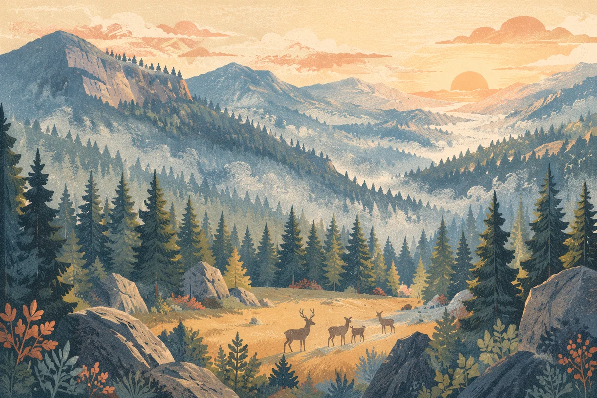 Deer in Misty Sunrise Forest Valley