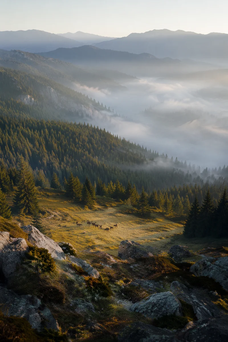 Wild Deer in Misty Morning Forest