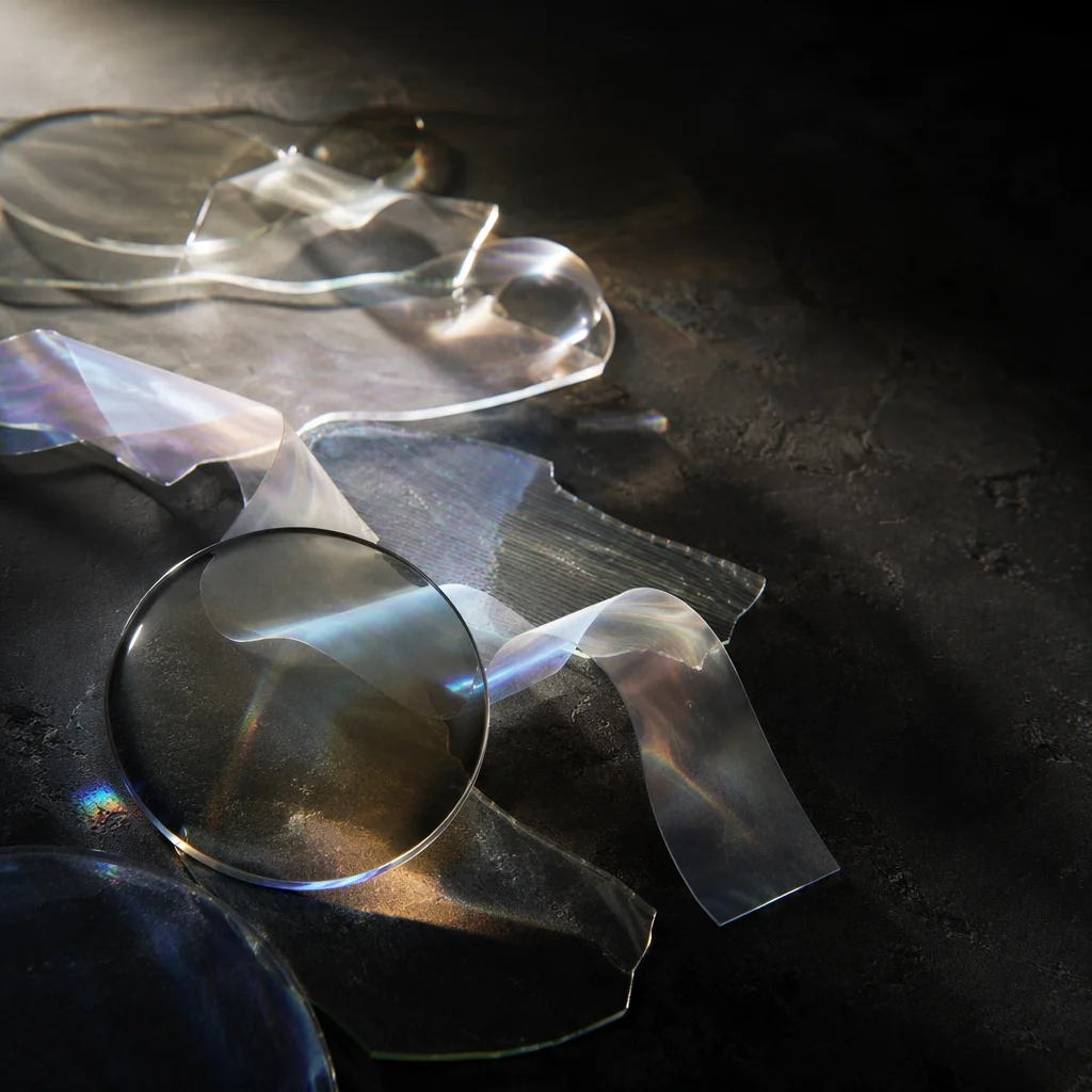 Iridescent Glass Shapes on Dark Surface