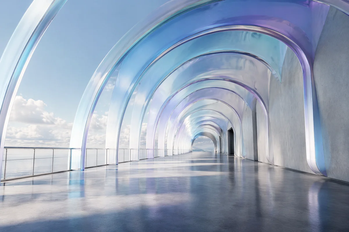 Iridescent Glass Arch Corridor Background