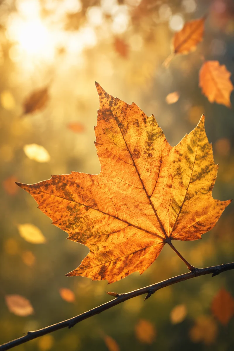 Golden Autumn Leaf in Warm Bokeh Light