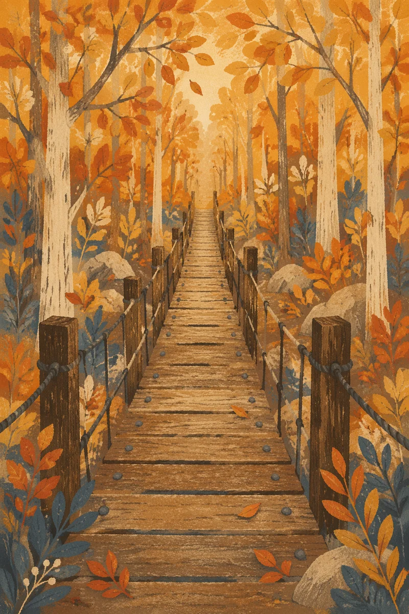 Golden Autumn Footbridge Through Forest