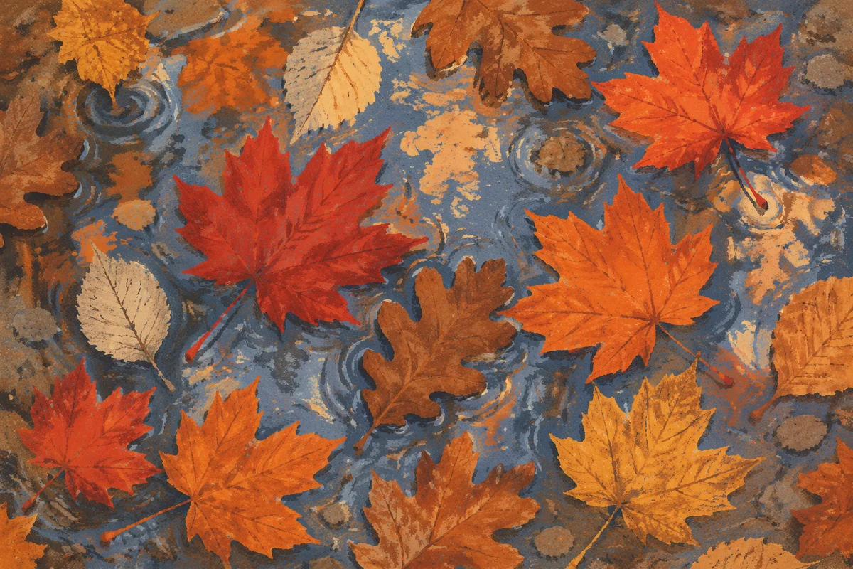 Golden Autumn Leaves on Woodland Puddle