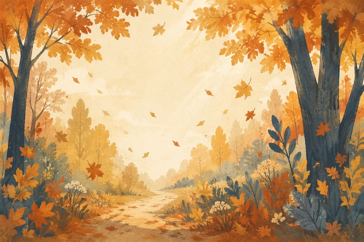 Golden Autumn Leaves Over Woodland Path