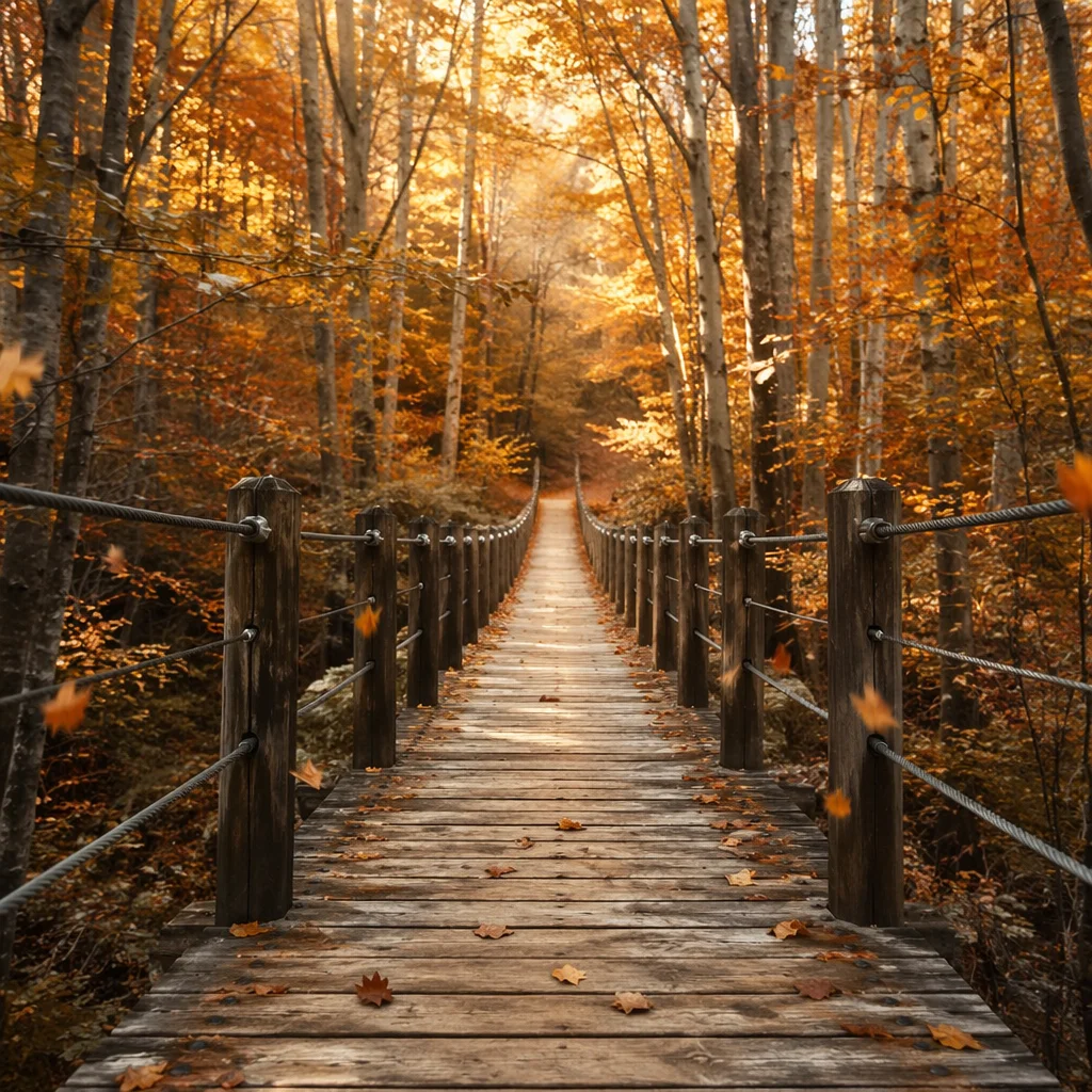 Golden Autumn Footbridge Through Peaceful Forest