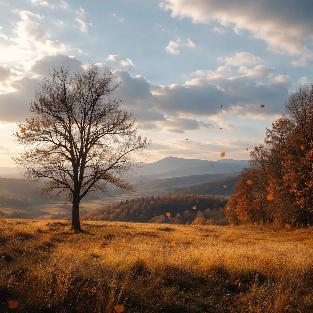 Golden Autumn Meadow with Falling Leaves