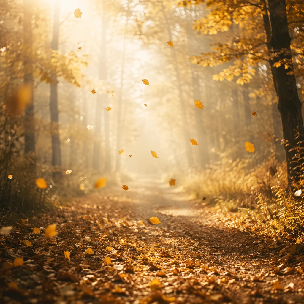 Golden Autumn Leaves in Peaceful Woodland Light