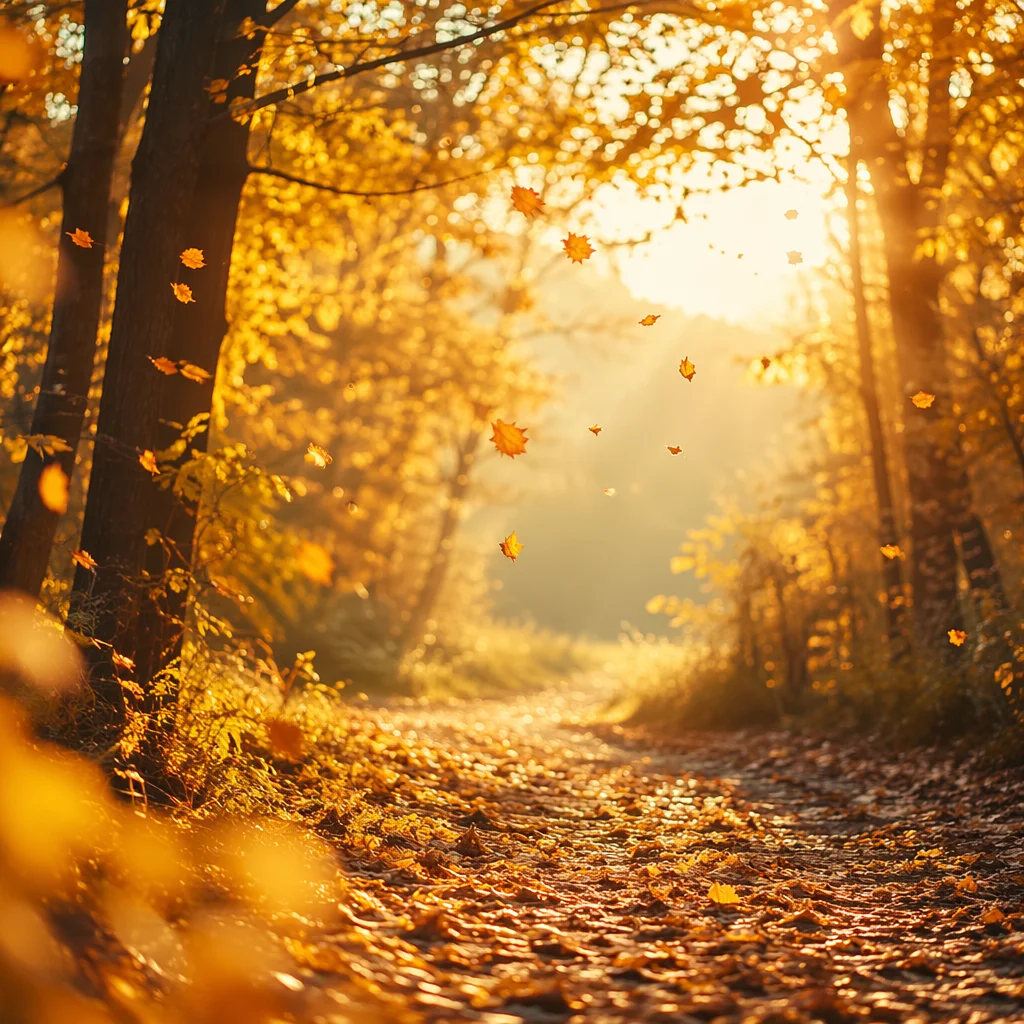 Golden Autumn Woodland Path in Warm Light