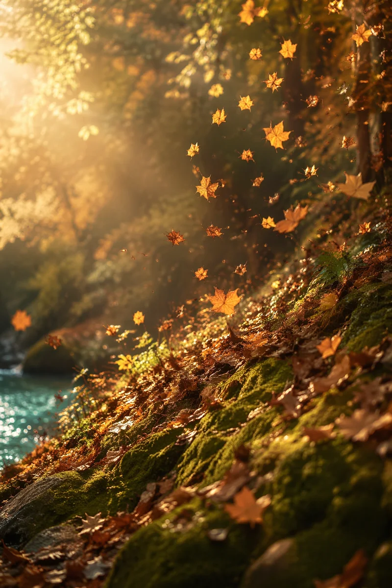 Golden Autumn Leaves in Woodland Light